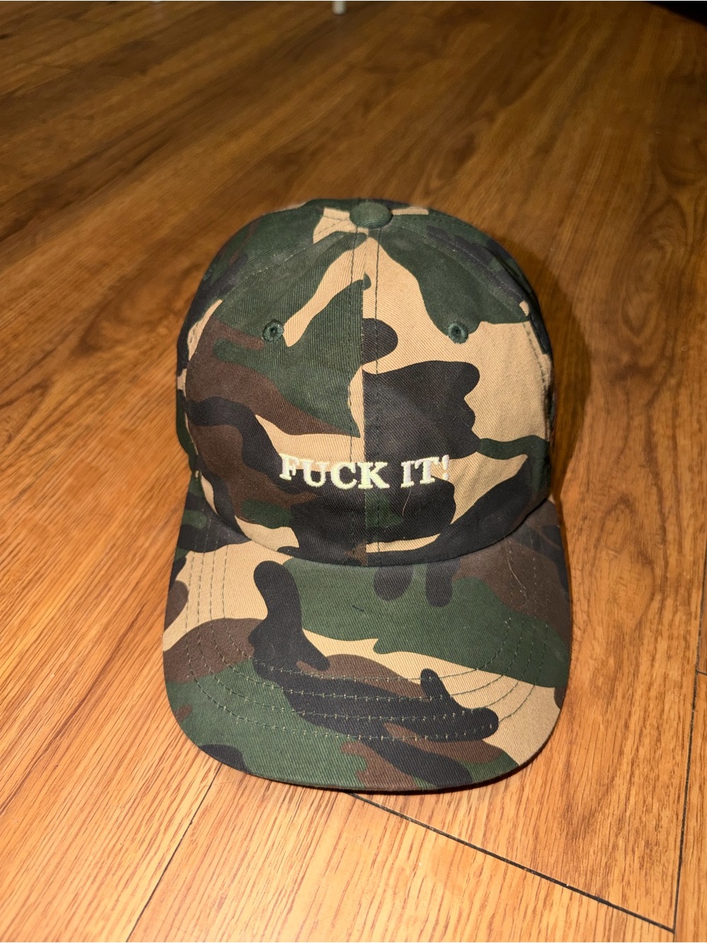 HUF Camouflage Baseball Cap with Embroidered Slogan - Green, Brown, Black, Tan